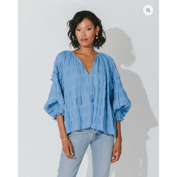 Cleobella Tops - Cleobella Top Womens Small Azariah Blouse Blue Boho Prairie Peasant Gauze Tassel